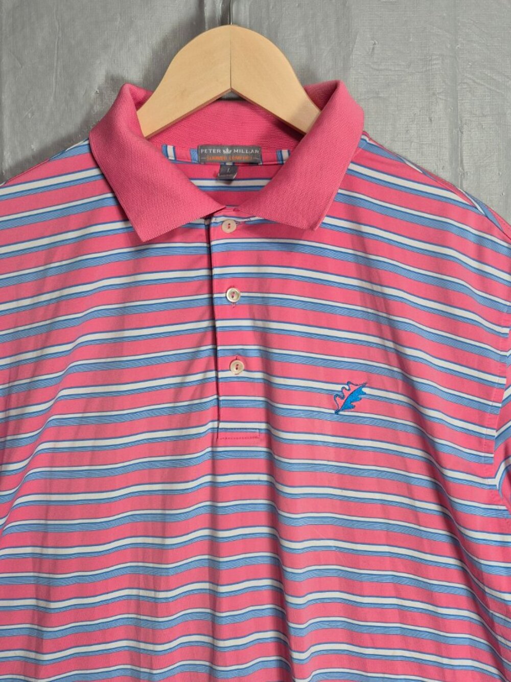 Peter Millar Summer Comfort Large L Mens Polo Pink Blue White stripe Shirt 0606